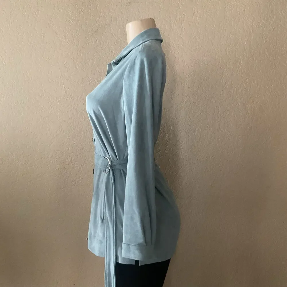 Vince Camuto Faux Suede Button Front Belted Shirt Jacket Women’s XS Blue